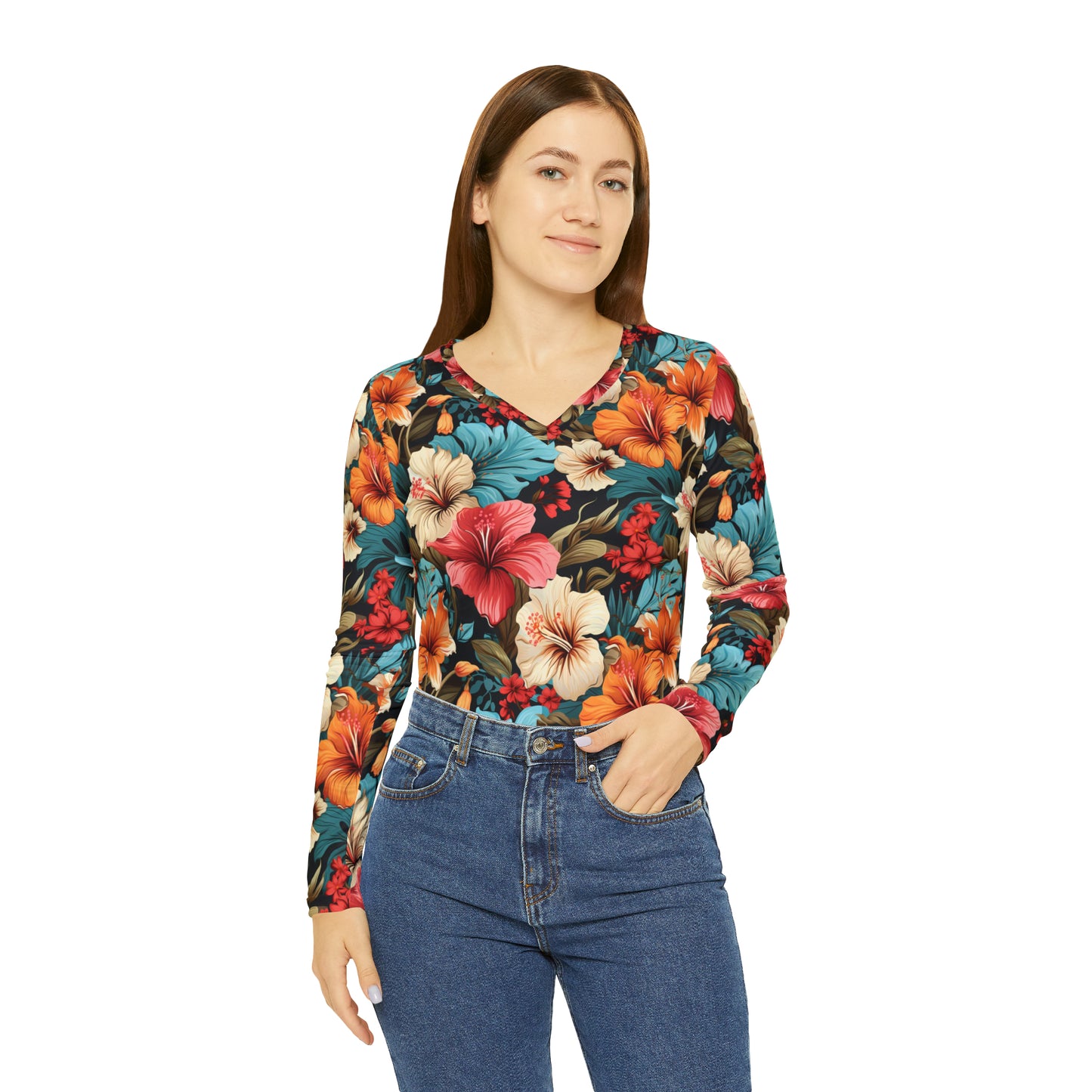 Women's Hawaiian Style Mixed Floral Long Sleeve V-neck Shirt