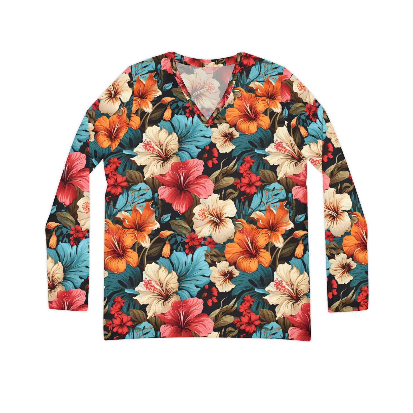 Women's Hawaiian Style Mixed Floral Long Sleeve V-neck Shirt