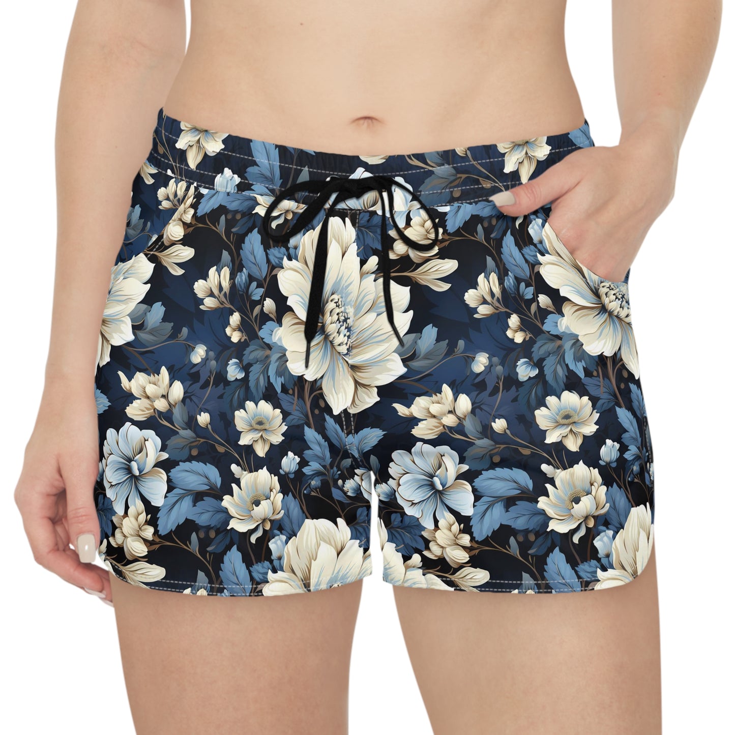 Women's Blue & White Floral Pattern Casual Shorts