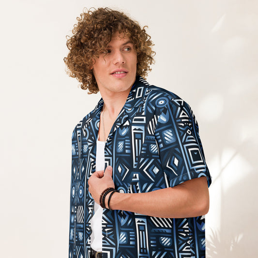 Unisex Blue Tribal Pattern button shirt