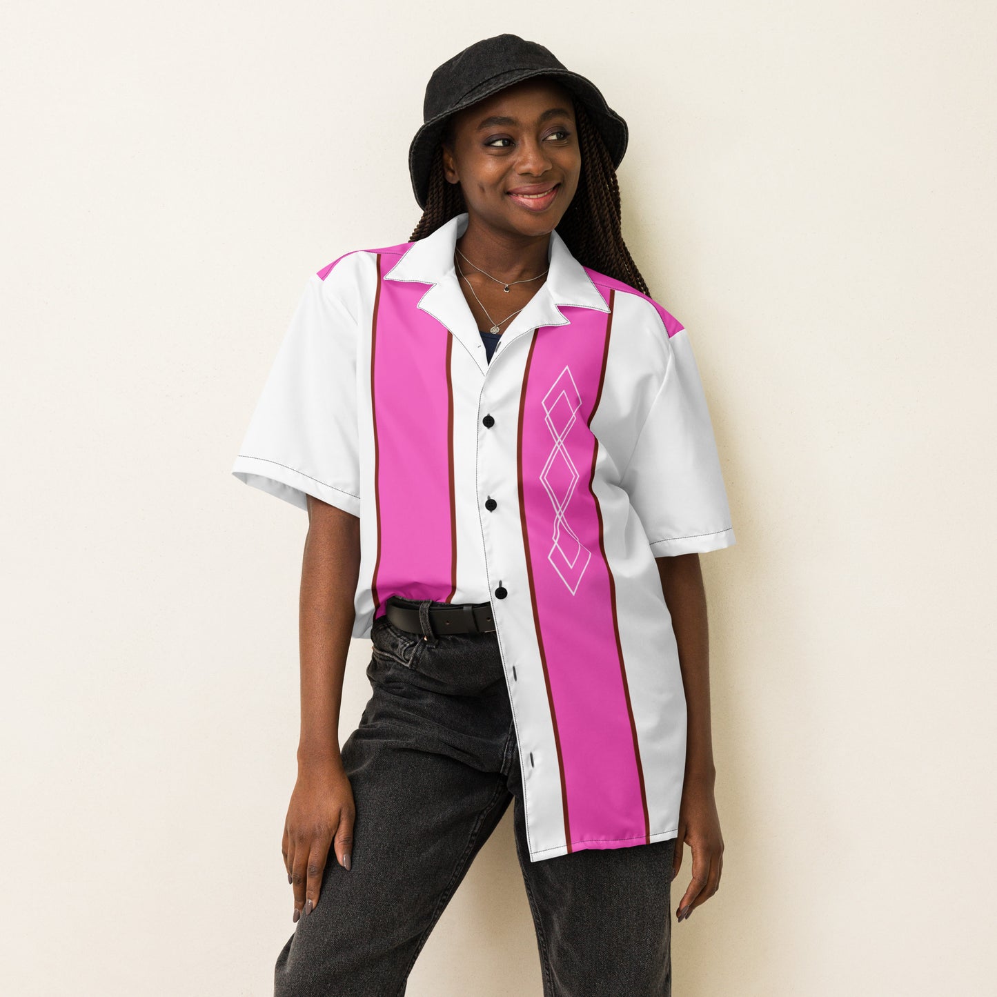 Pink & White Vintage Style Unisex Bowling Shirt