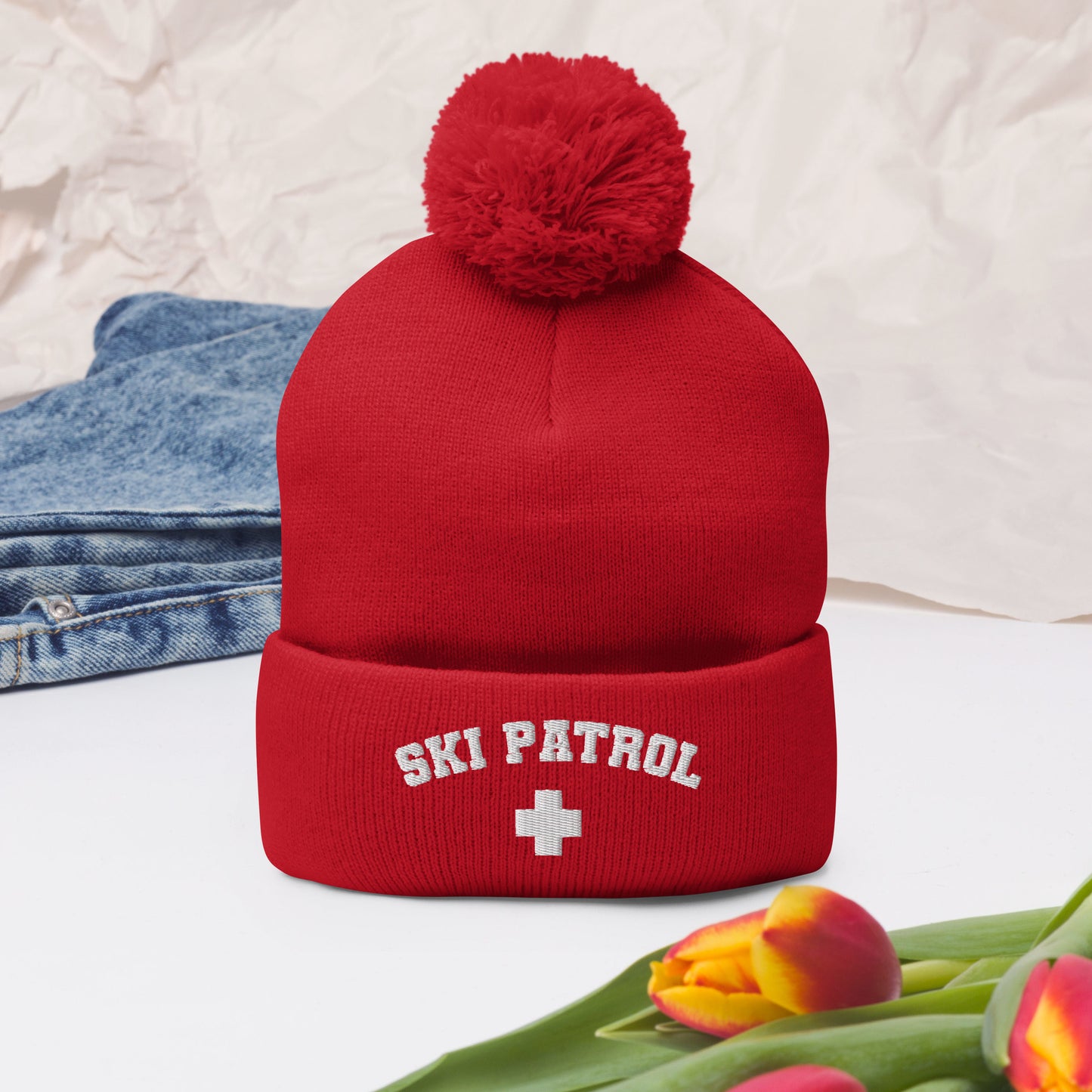 Red Embroidered Ski Patrol Pom-Pom Beanie