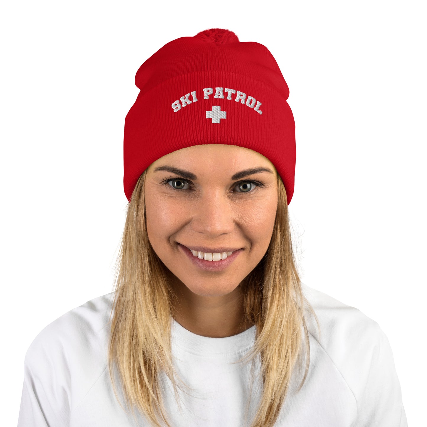 Red Embroidered Ski Patrol Pom-Pom Beanie