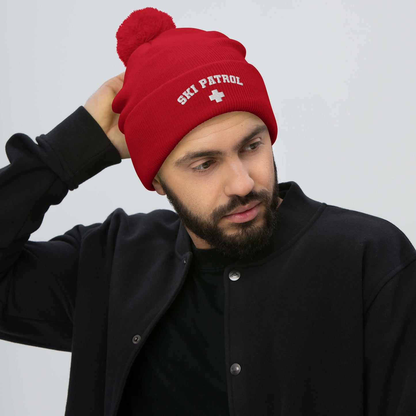 Red Embroidered Ski Patrol Pom-Pom Beanie